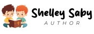 Logo with two children reading a book and the text 'Shelley Saby Author' on a white background.
